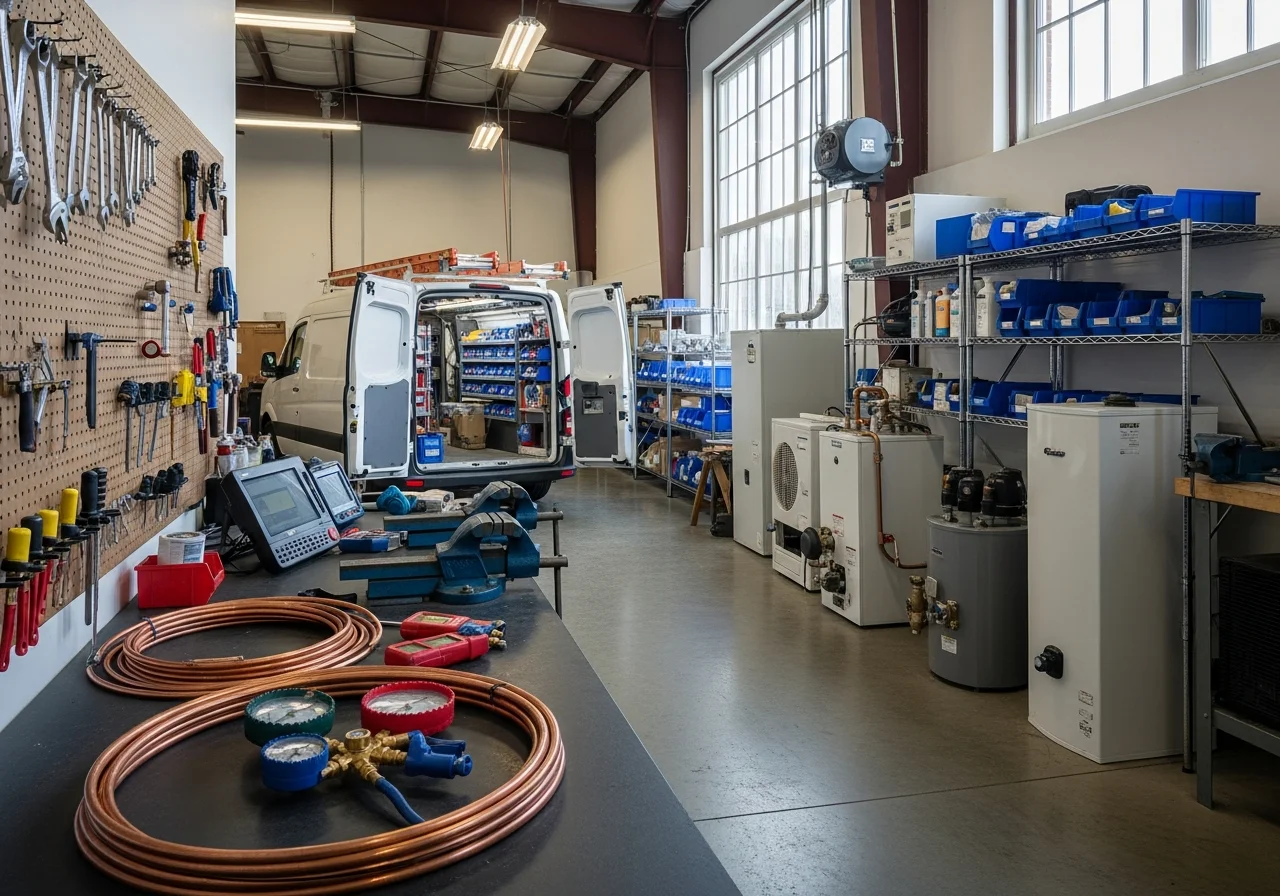 Professional HVAC and plumbing shop floor with tools, equipment, and service vehicles ready for dispatch.