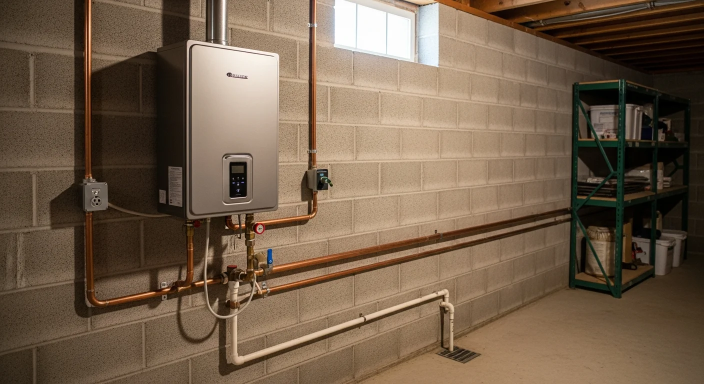 Technician installing tankless water heater