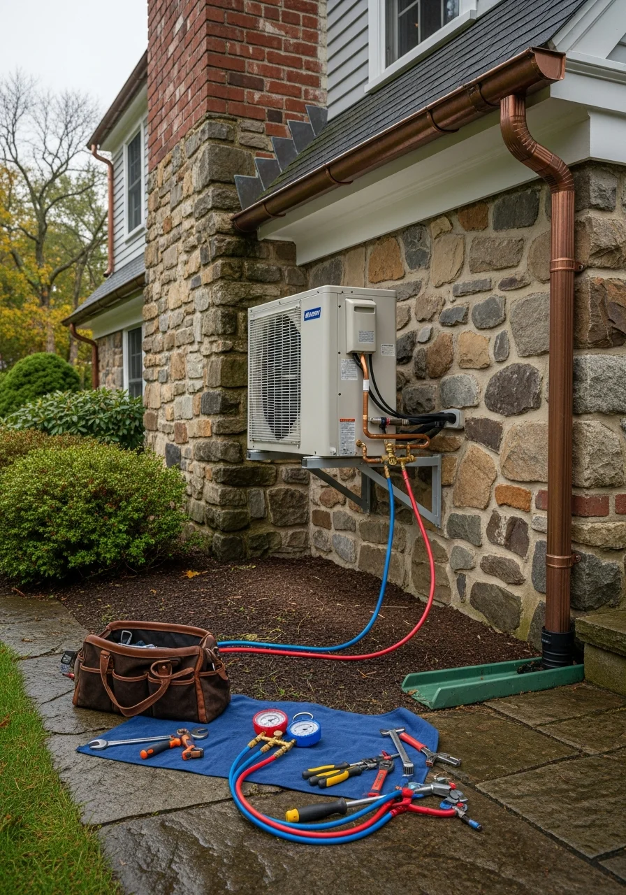 Professional technician working on a Norfolk County home's exterior with homeowner observing.