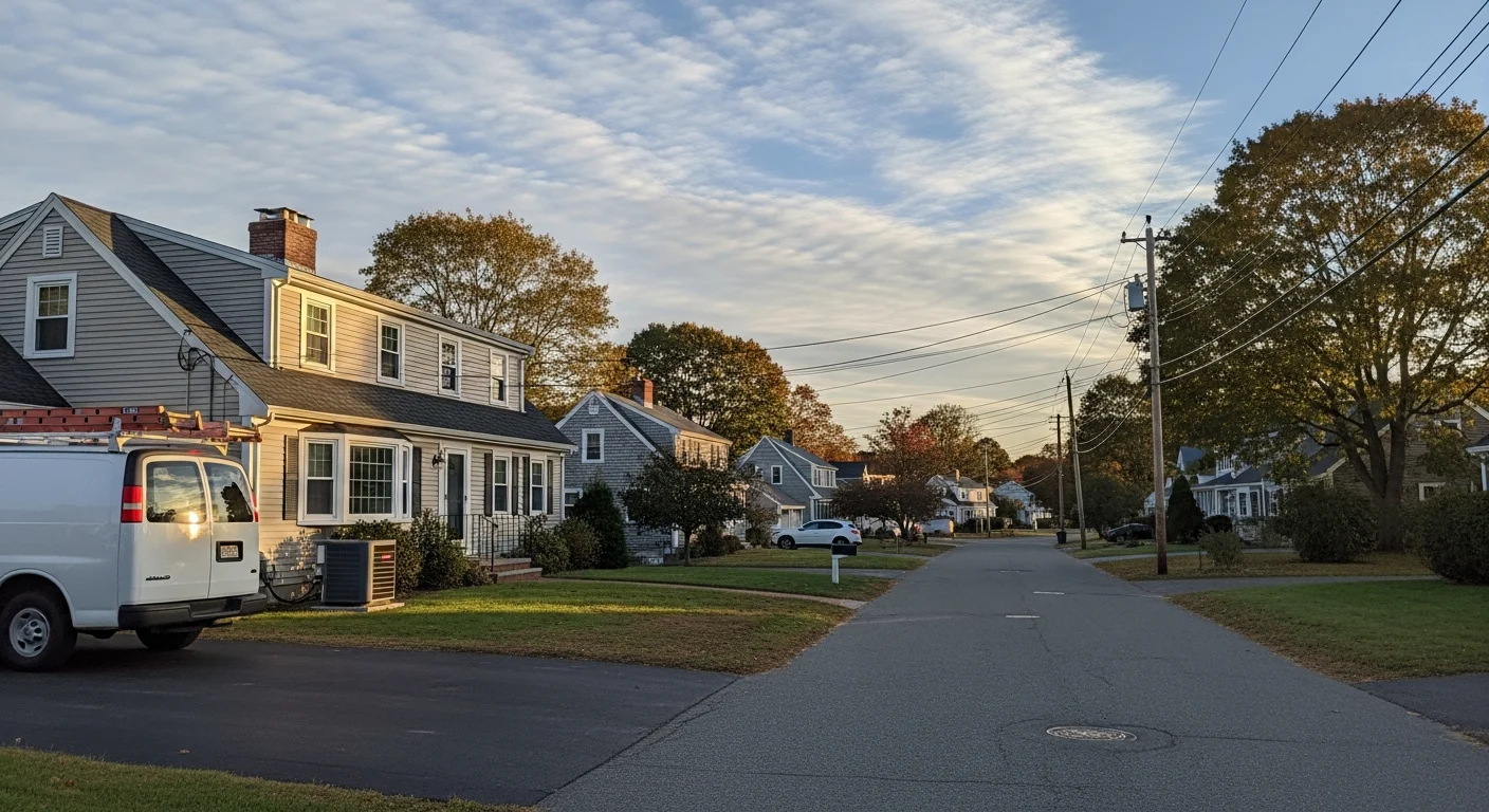 Wide view of a Plymouth County residential street with a mix of colonial and modern homes, showing typical South Shore neighborhood character.