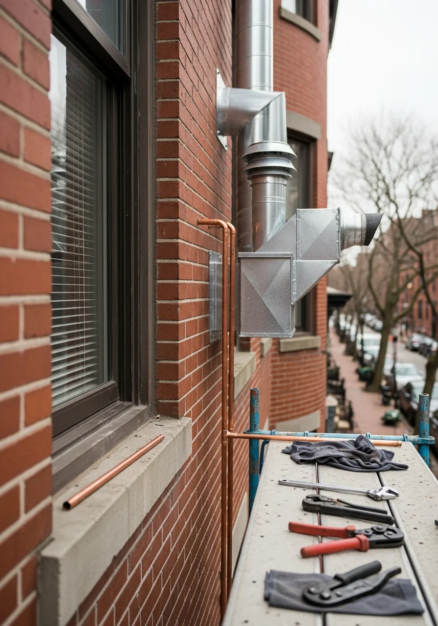 Technician working on a Boston-area home's facade with city neighborhood visible in background.
