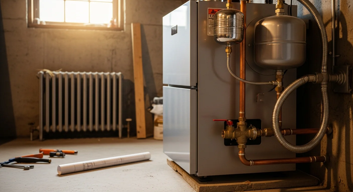 A newly installed high-efficiency boiler with near-boiler piping and expansion tank in a Plymouth County, MA home mechanical room. The system is connected to a hot-water baseboard distribution loop with clean copper piping runs.
