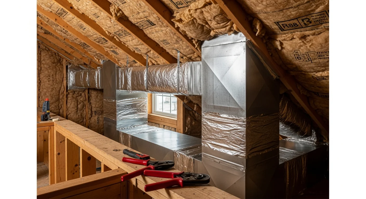 A Forge Mechanical LLC technician installing insulated sheet metal ductwork in the basement of a Plymouth County home. New supply and return runs are visible, connected to a central air handler unit.