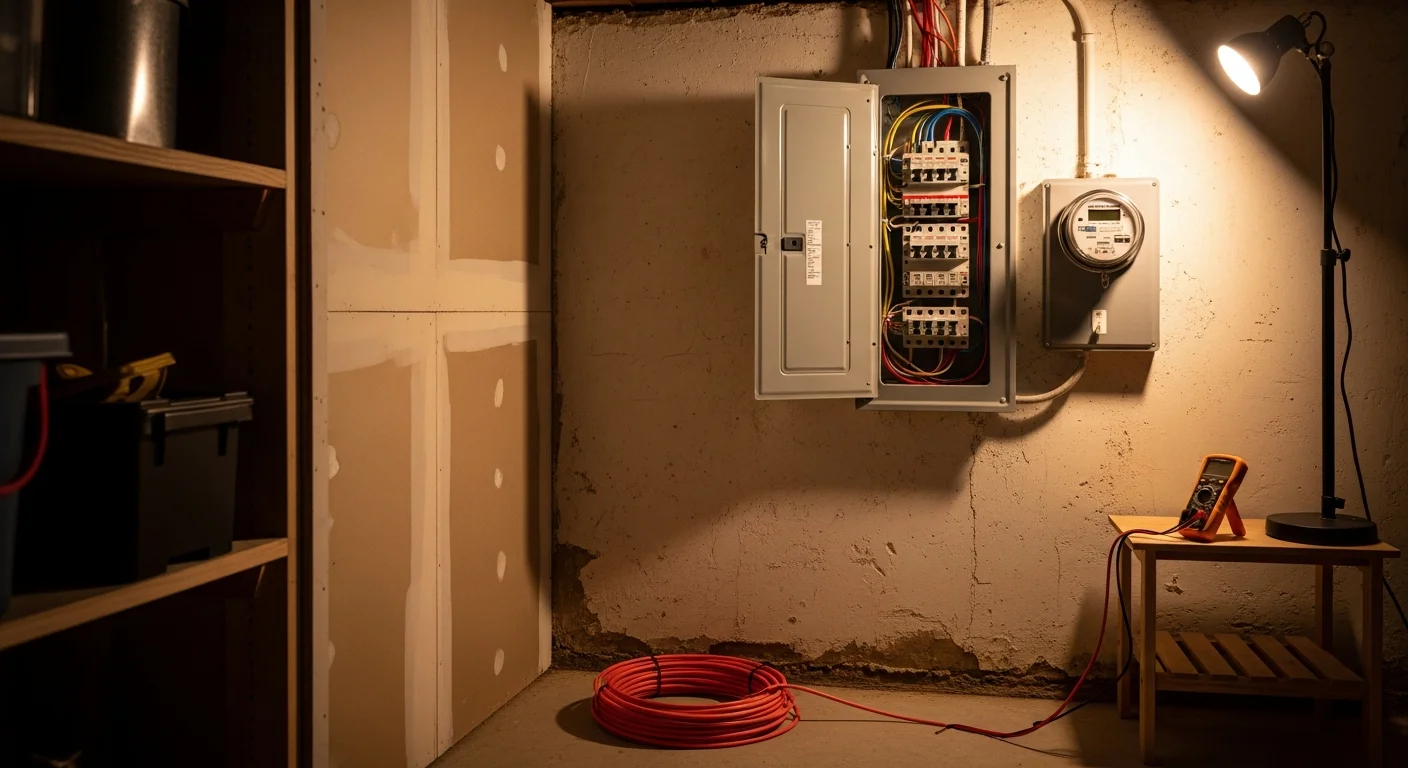 A newly installed residential electrical panel with clearly labeled circuit breakers mounted in a utility room of a Plymouth County, Massachusetts home. The upgraded service panel shows organized wiring and a modern breaker layout replacing an older undersized system.