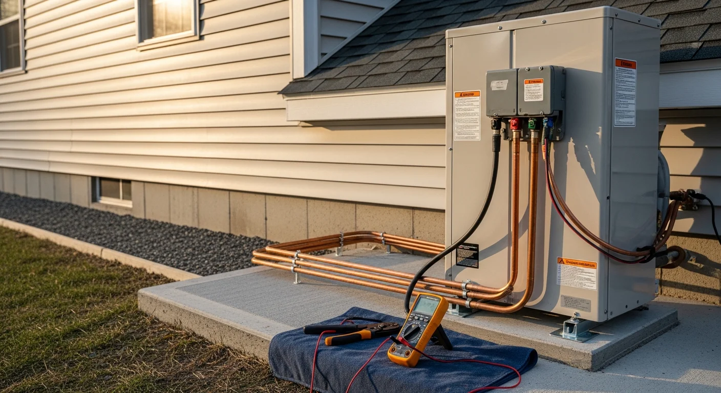 A licensed Forge Mechanical LLC technician completing a ductless heat pump installation on the exterior wall of a residential home in Plymouth County, Massachusetts. The outdoor condenser unit sits on a pad beside the foundation with refrigerant line sets routed neatly along the siding.