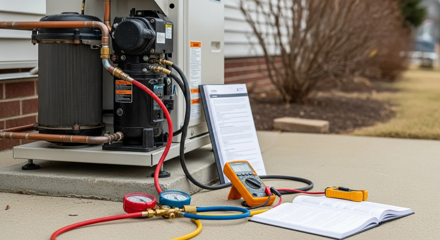 A Forge Mechanical LLC technician inspecting the outdoor unit of a residential heat pump at a Plymouth County, MA home. The technician is checking refrigerant lines and electrical connections on a cold-weather service call.