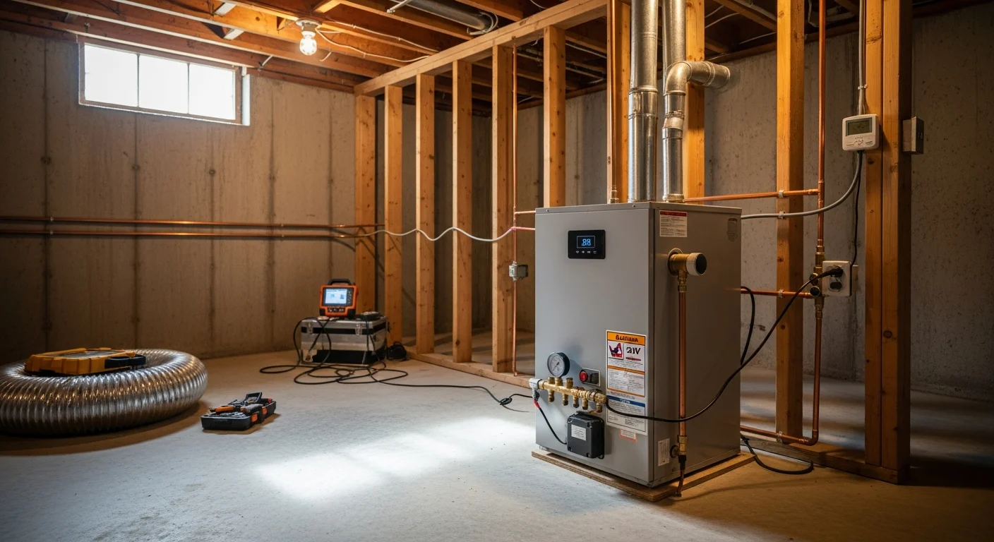 A heat pump water heater installed in an unfinished basement of a Plymouth County, Massachusetts home, with visible water line connections and electrical wiring routed to a dedicated circuit panel. The unit sits in a clean mechanical room with adequate clearance on all sides.