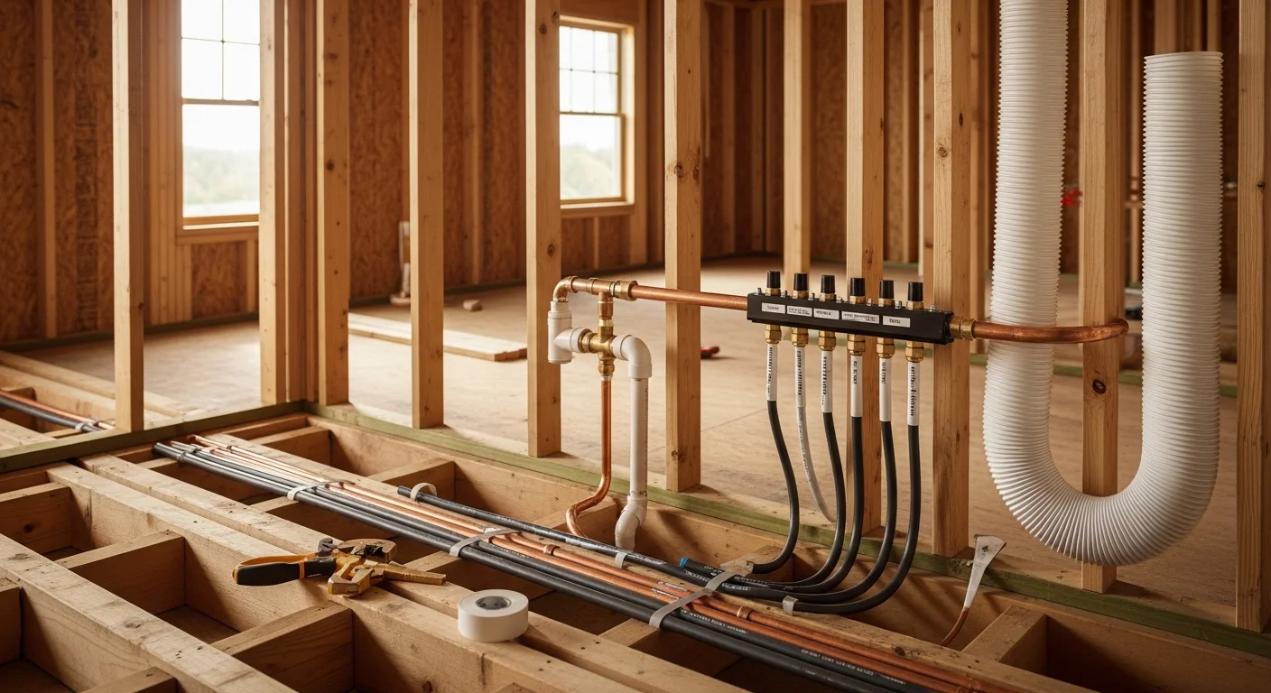 A licensed plumber from Forge Mechanical LLC installing drain and waste rough-in piping inside the framed walls of a new construction home in Plymouth County, Massachusetts. Exposed PVC drain lines and copper water supply lines run between floor joists before drywall installation.