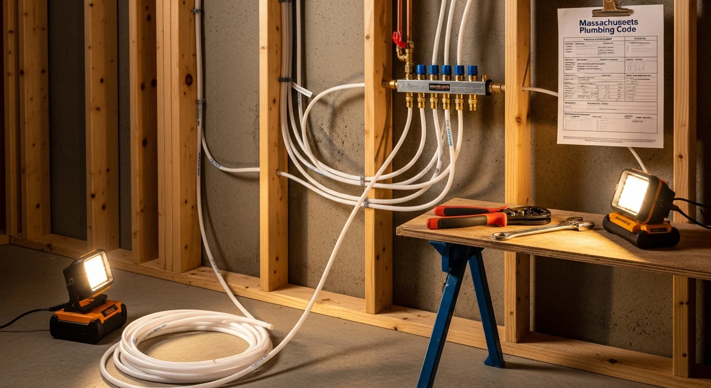 A licensed plumber installing new copper supply lines inside the wall cavity of a Plymouth County residential home during a bathroom remodel. Freshly fitted pipe connections and shut-off valves are visible in the open framing.