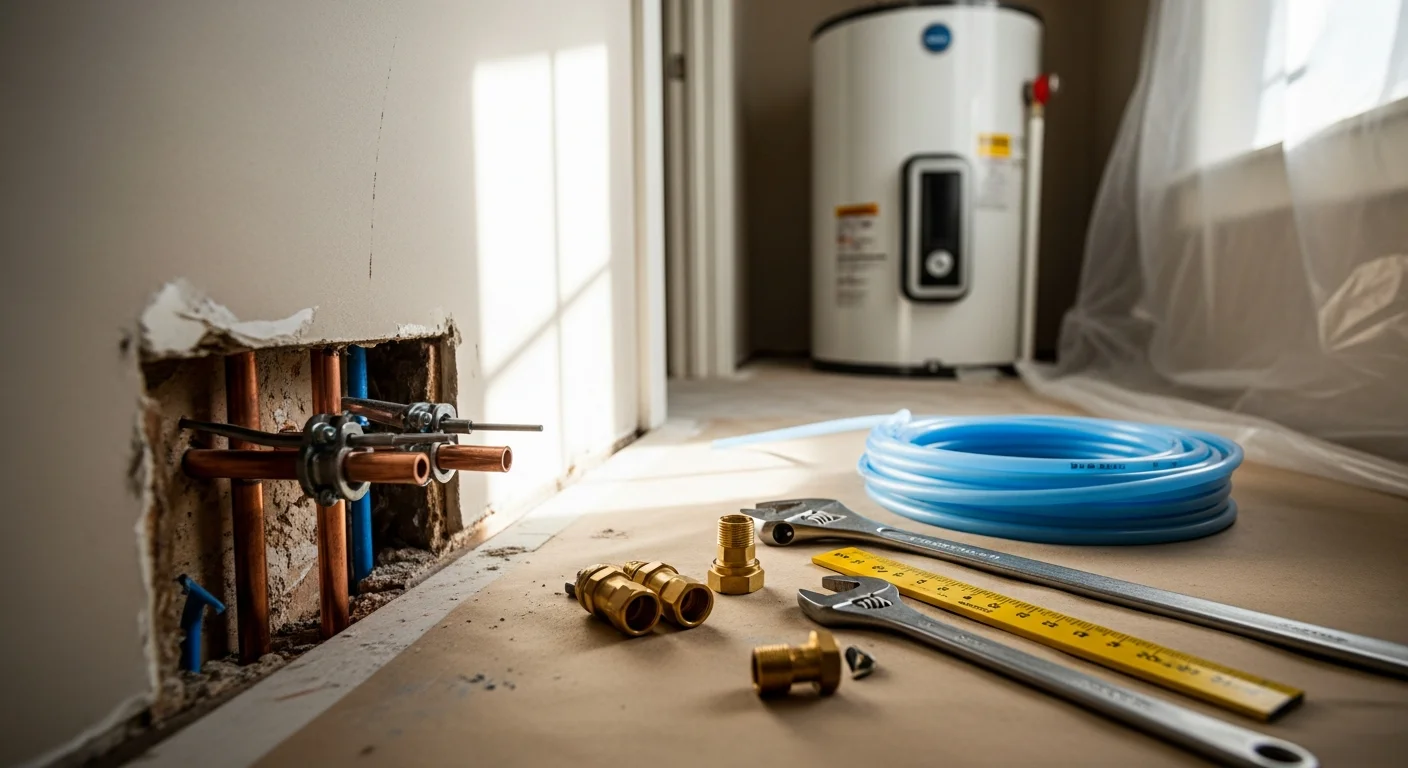 A licensed plumber from Forge Mechanical LLC installing new supply lines and drain rough-in during a bathroom remodel in a Plymouth County home. Exposed wall framing shows updated copper supply lines and PVC drain connections ready for tile and fixture installation.