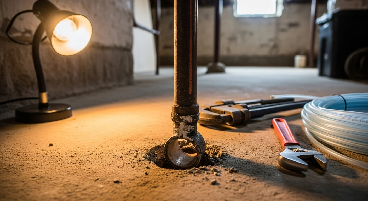 A licensed plumber from Forge Mechanical LLC repairing a leaking pipe beneath a kitchen sink in a Plymouth County, MA home. The work area shows exposed supply lines and shut-off valves in a residential setting.