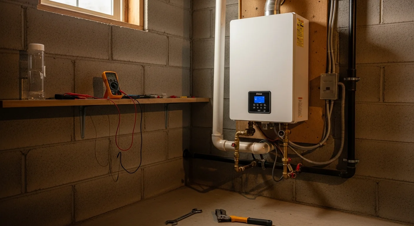 A wall-mounted tankless water heater installed in a utility room of a Plymouth County, Massachusetts home, with copper supply lines and a venting pipe connected to an exterior wall. A Forge Mechanical LLC technician inspects the unit connections during a post-installation check.