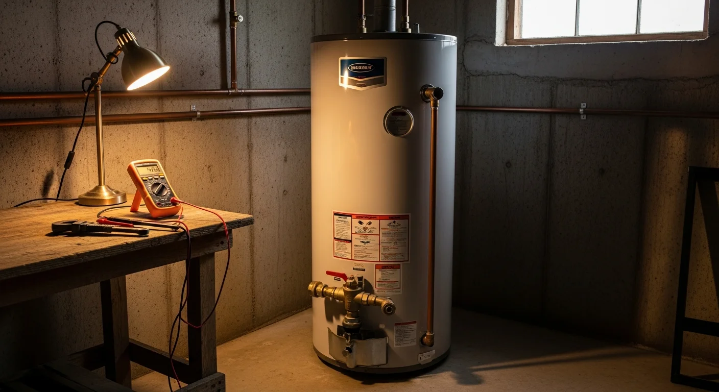 A Forge Mechanical LLC technician inspecting a residential tank water heater in a Plymouth County home basement. The unit shows signs of sediment-related wear common to the area's hard water conditions.