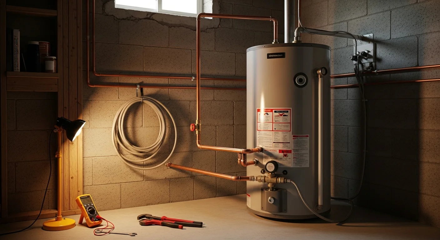 A newly installed tank water heater in the basement of a Plymouth County home, with clean copper pipe connections and a properly secured pressure relief valve. The old unit has been removed and the space is clear, showing a finished replacement ready for use.